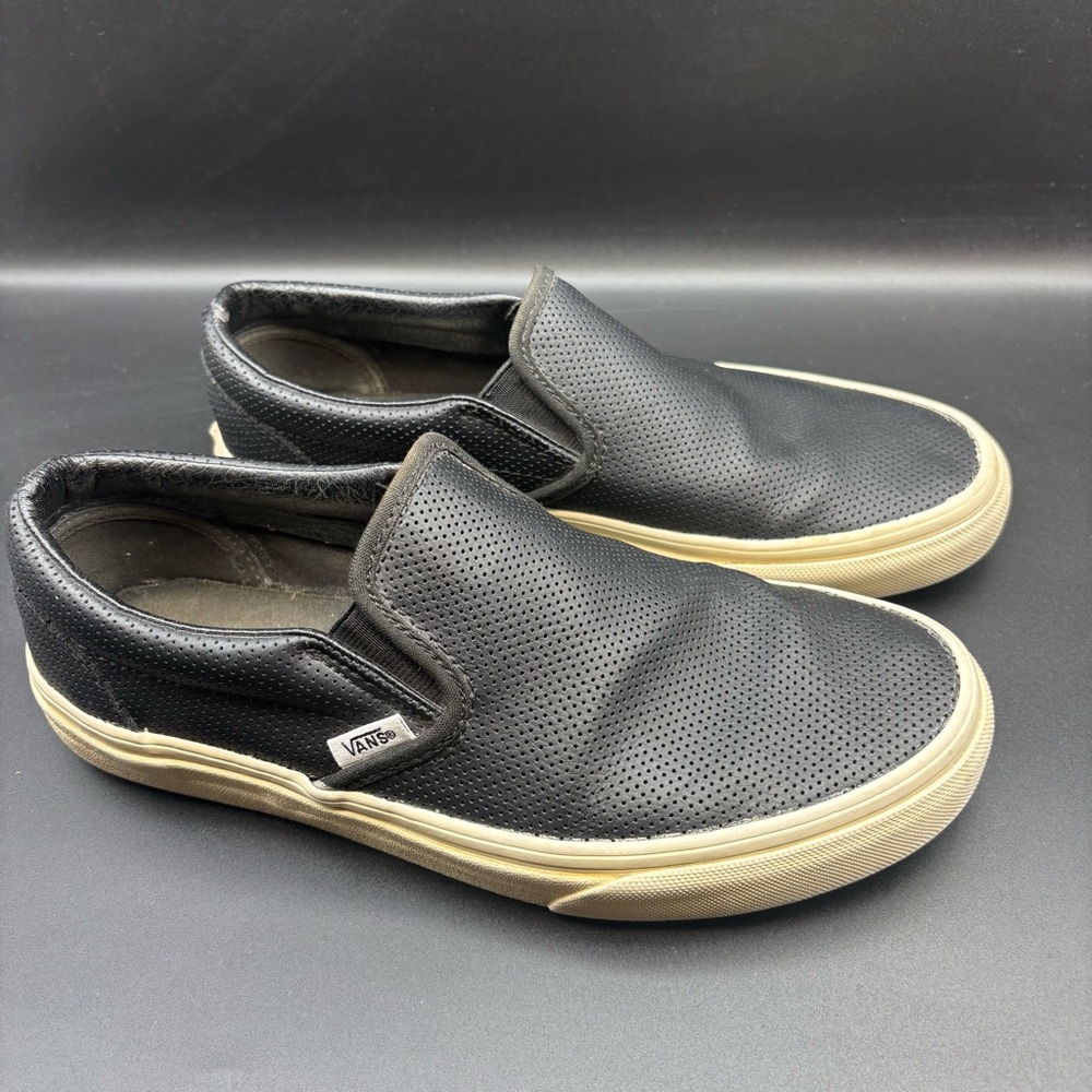 Black Leather Vans Slip On trainers, Unisex, Men’s Size 6.5, Womens 8
